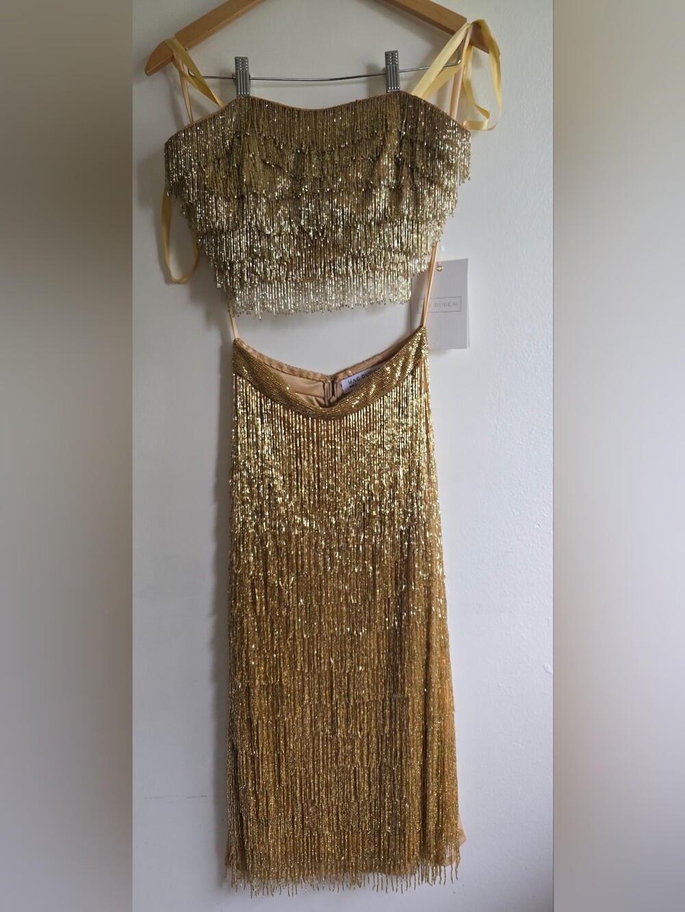 NWT! Mac Duggal, 2 Piece Gold Beaded Strapless Crop And Midi Skirt, Size 2